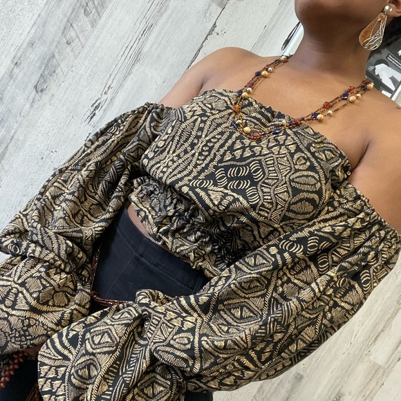 Brown and black ethnic print off the shoulder top - Picture 3 of 7